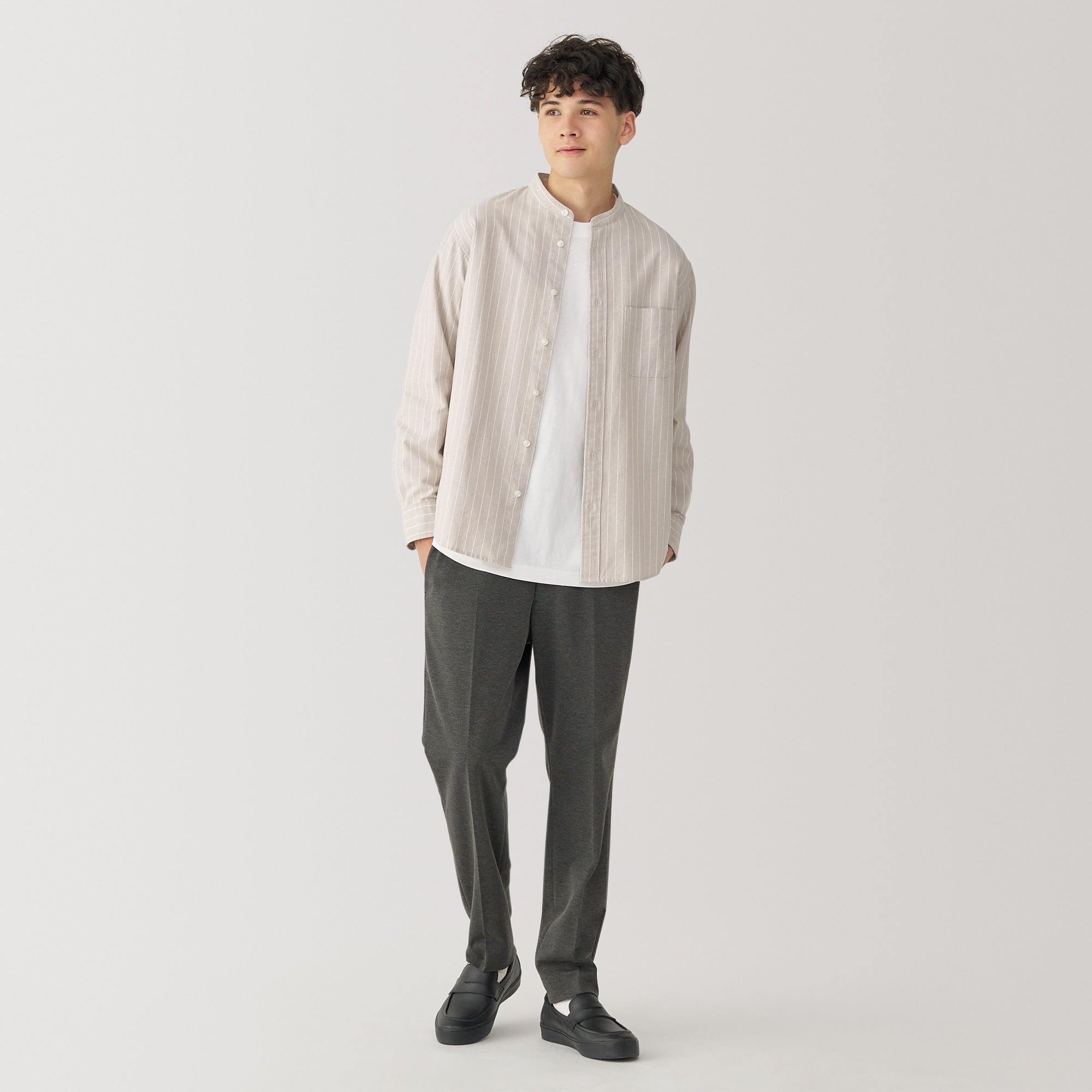 Men's Washed Oxford Stand Collar Long Sleeve Shirt