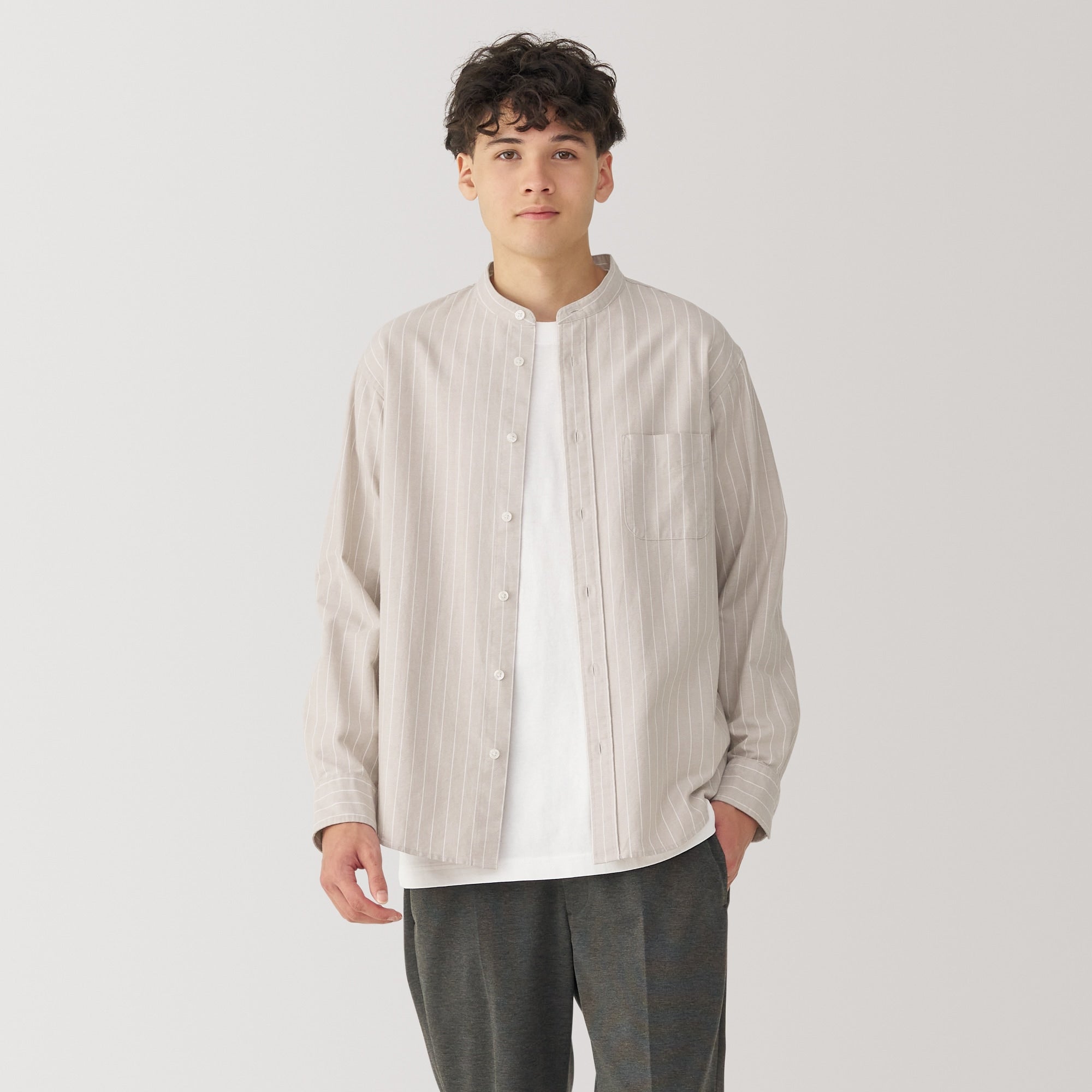 Men's Washed Oxford Stand Collar Long Sleeve Shirt