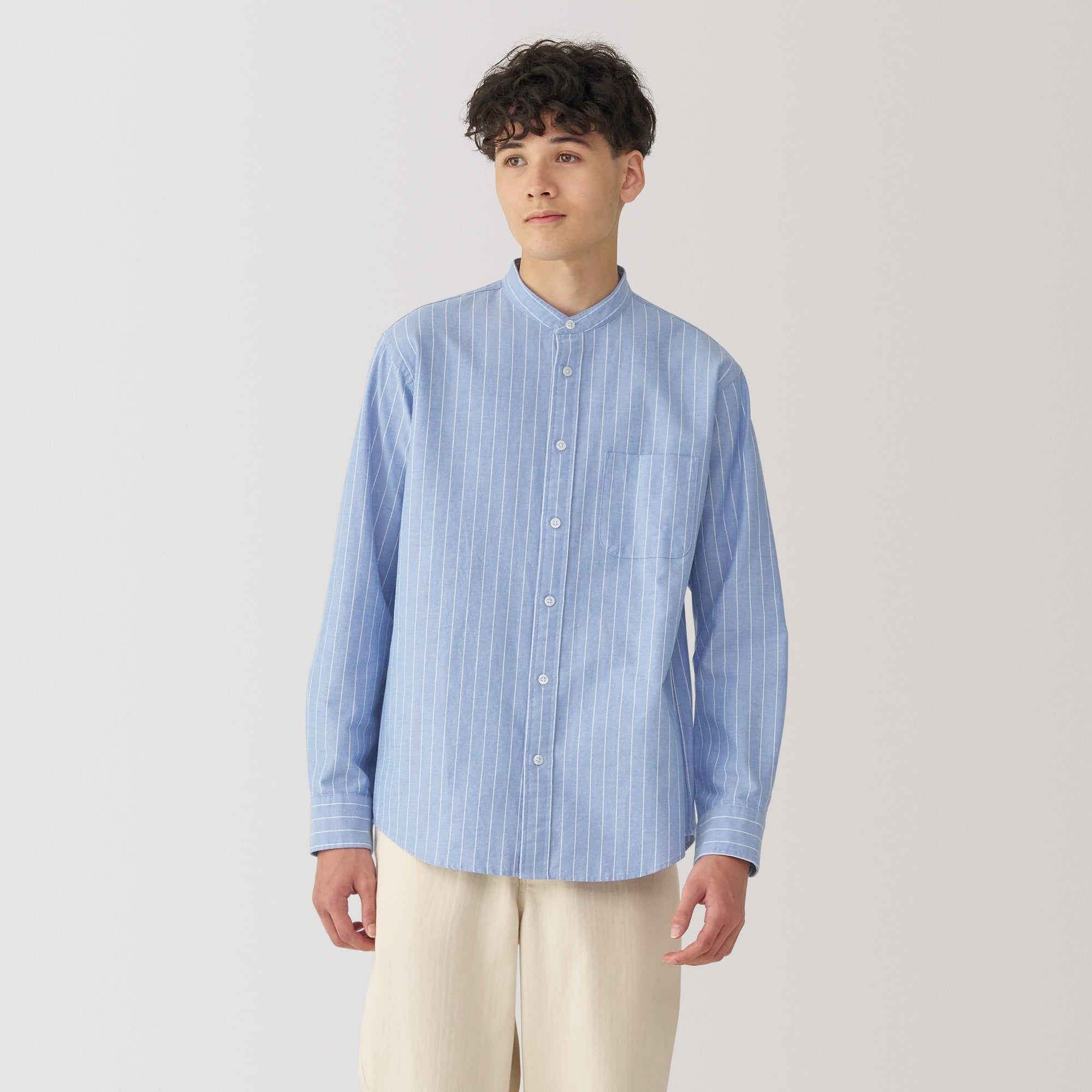 Men's Washed Oxford Stand Collar Long Sleeve Shirt