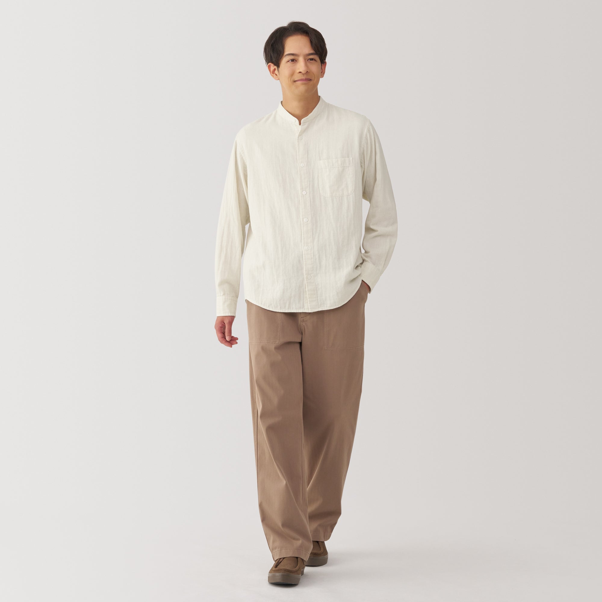 Men's Kapok Blend Double Gauze Stand Collar Long Sleeve Striped Shirt