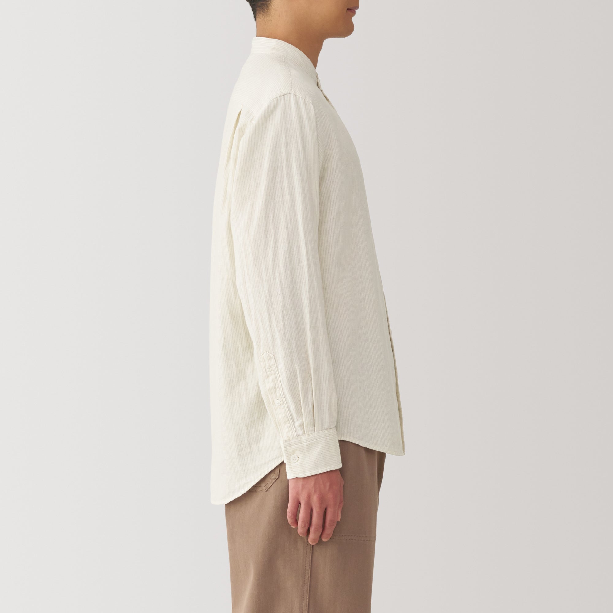Men's Kapok Blend Double Gauze Stand Collar Long Sleeve Striped Shirt
