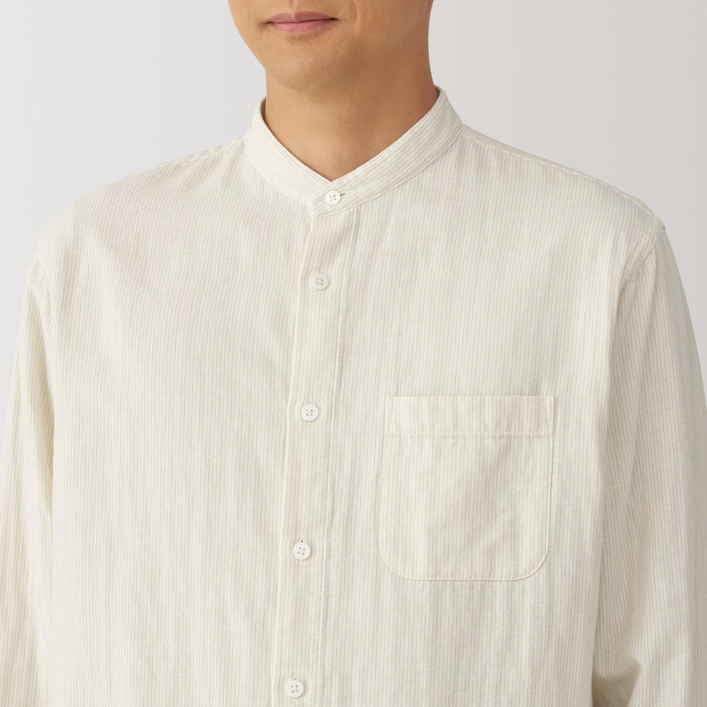 Men's Kapok Blend Double Gauze Stand Collar Long Sleeve Striped Shirt