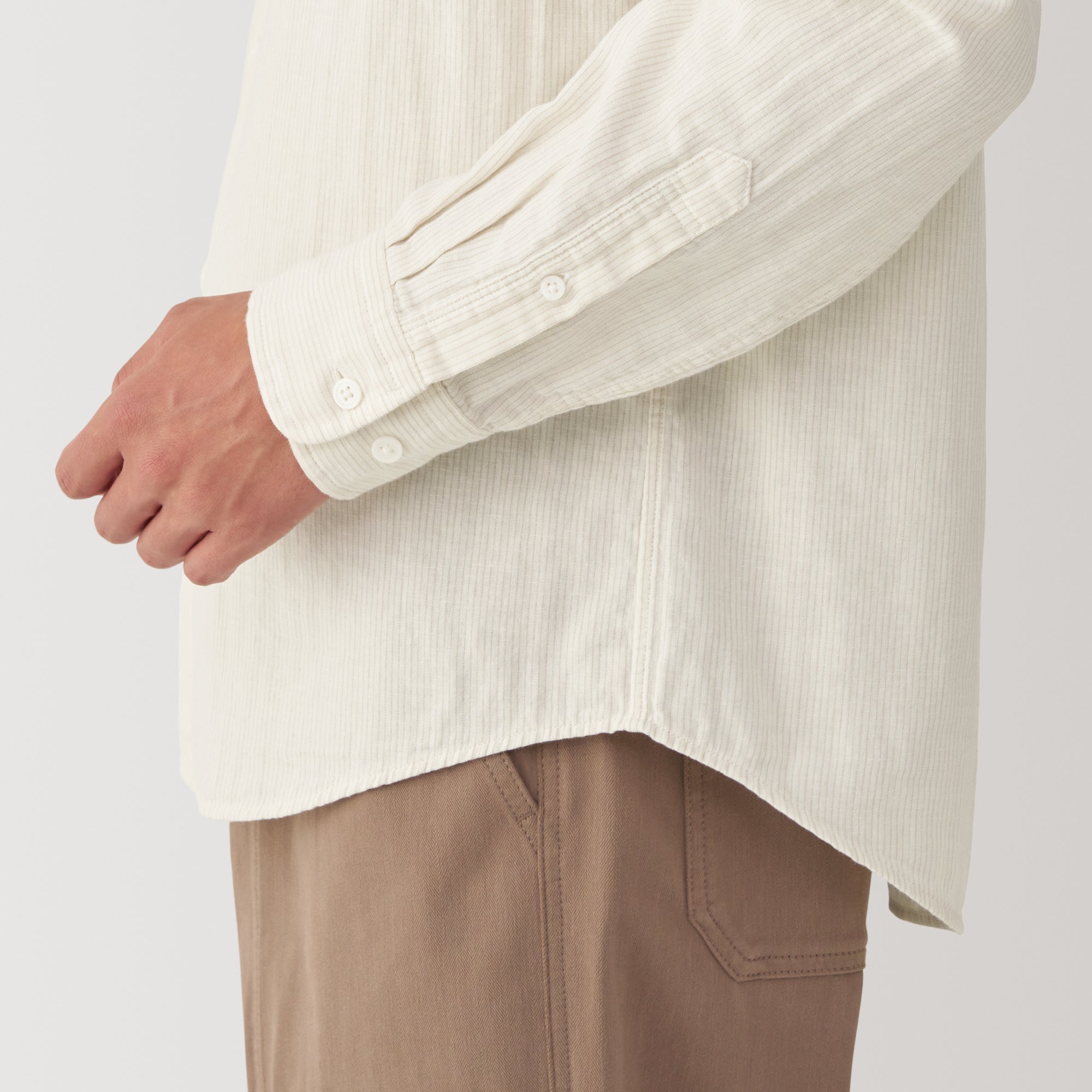Men's Kapok Blend Double Gauze Stand Collar Long Sleeve Striped Shirt