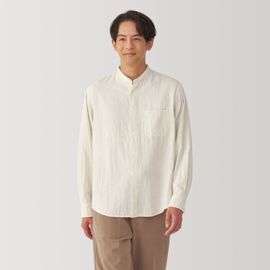 Men's Kapok Blend Double Gauze Stand Collar Long Sleeve Striped Shirt