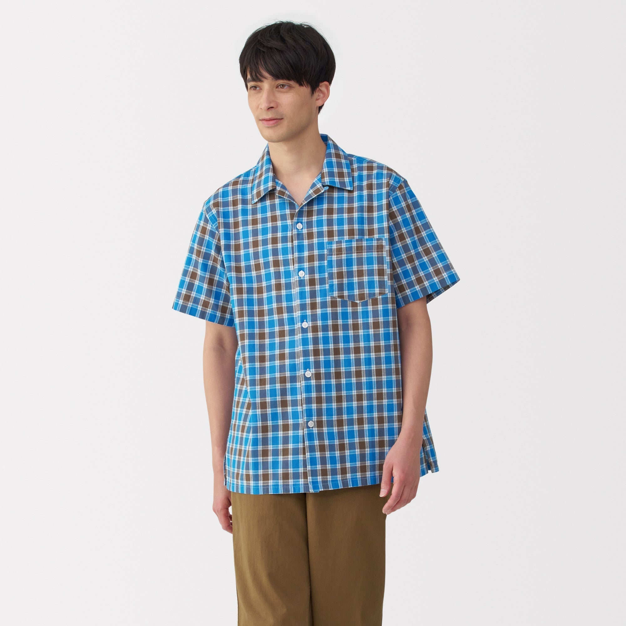 Men's Madras Check Open Collar Shirt