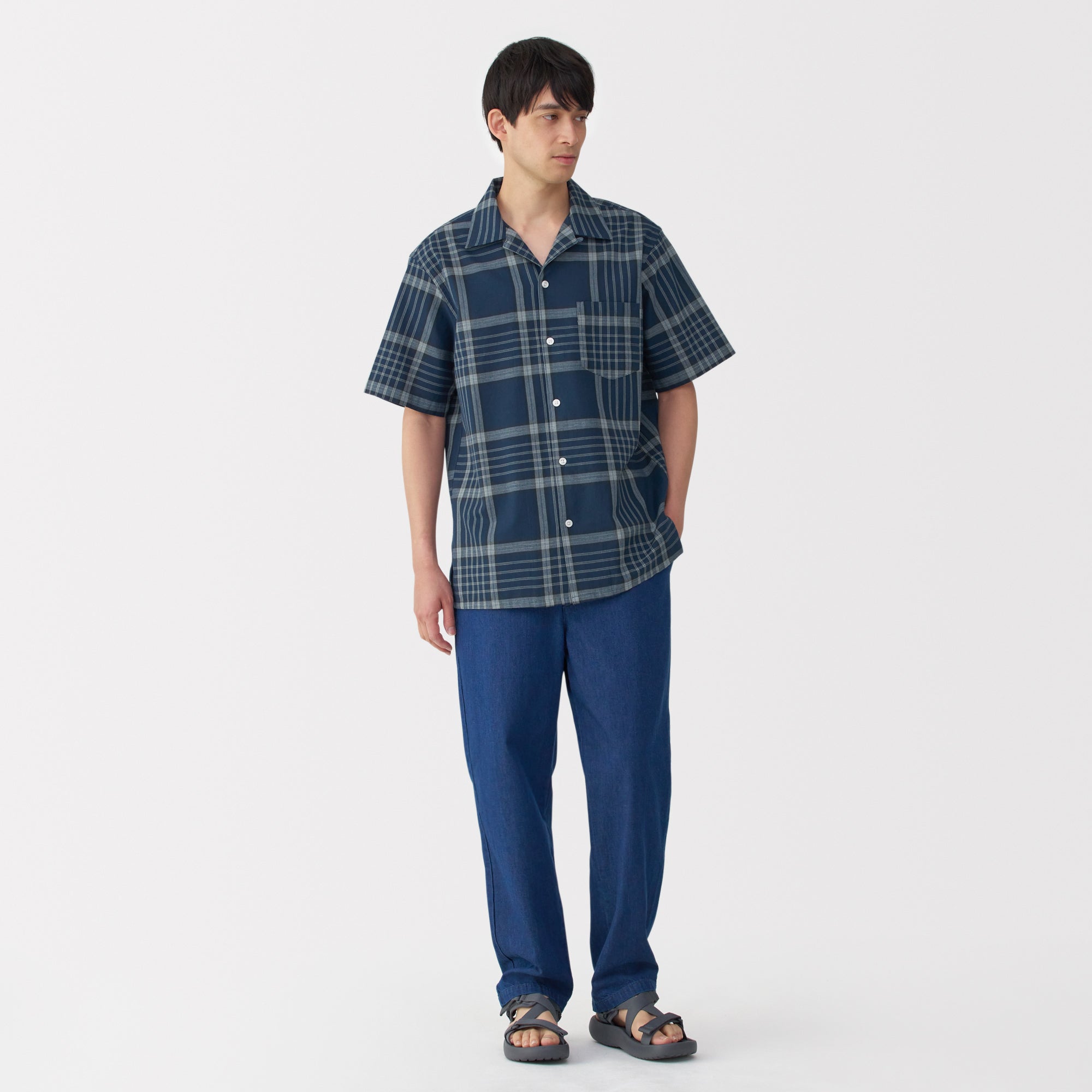 Men's Madras Check Open Collar Shirt
