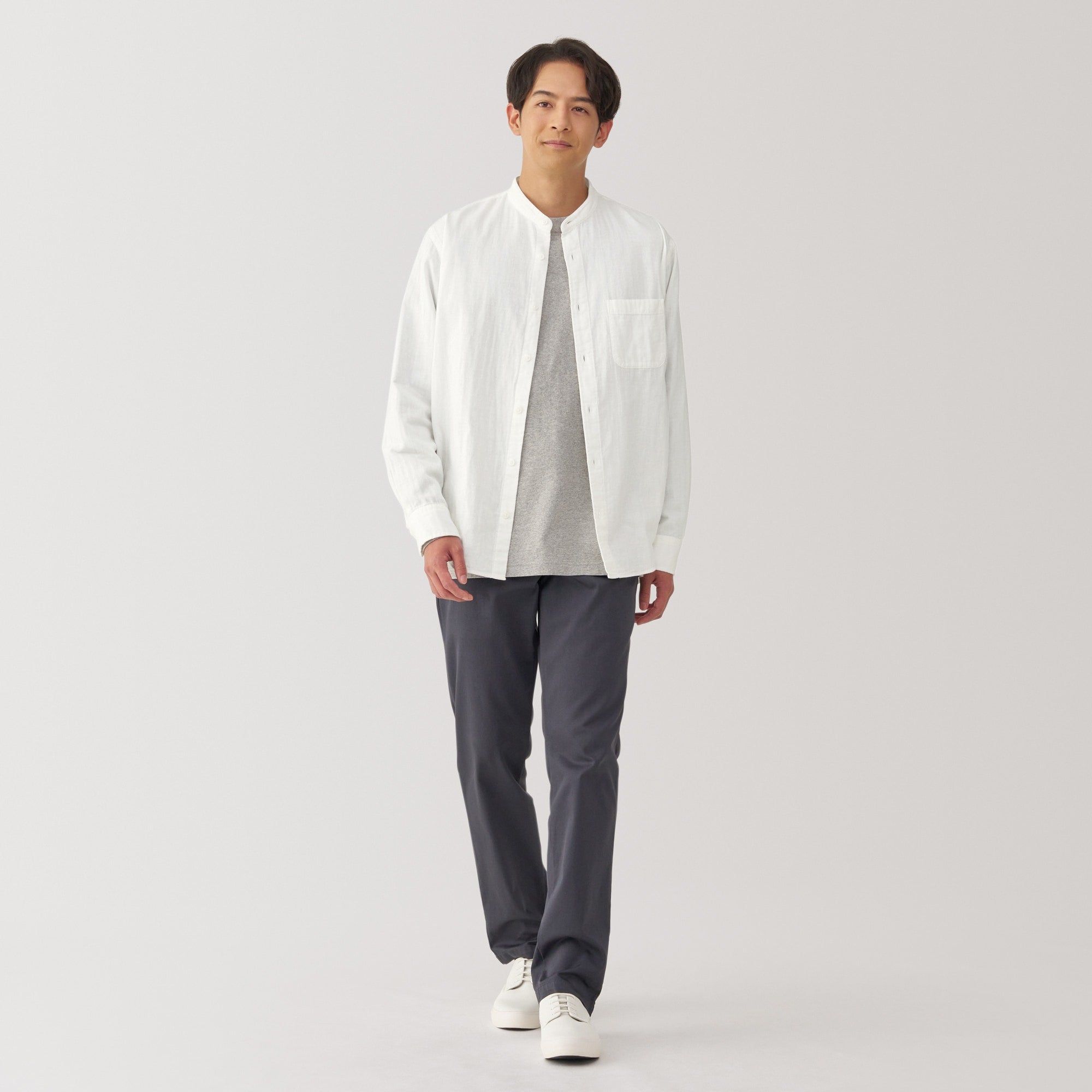 Men's Kapok Blend Double Gauze Stand Collar Long Sleeve Striped Shirt