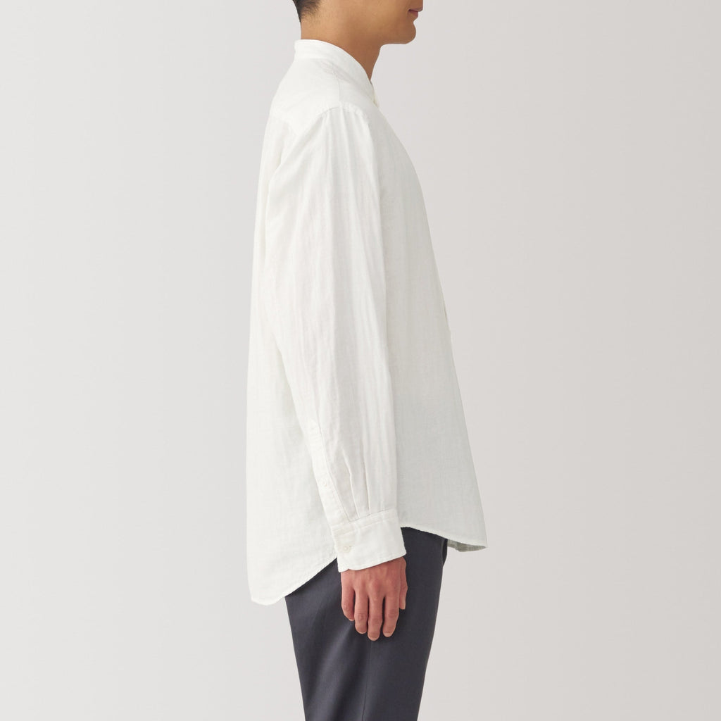 Men's Kapok Blend Double Gauze Stand Collar Long Sleeve Striped Shirt