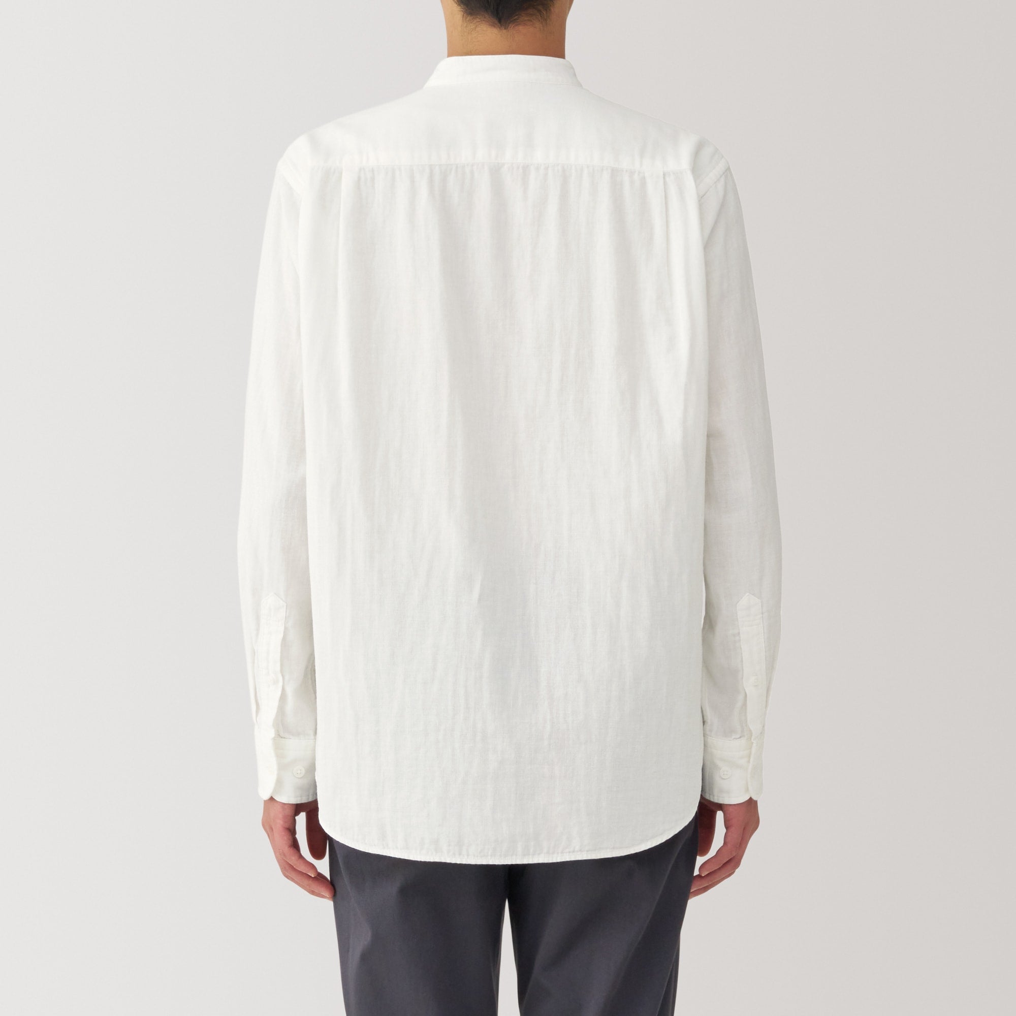 Men's Kapok Blend Double Gauze Stand Collar Long Sleeve Striped Shirt