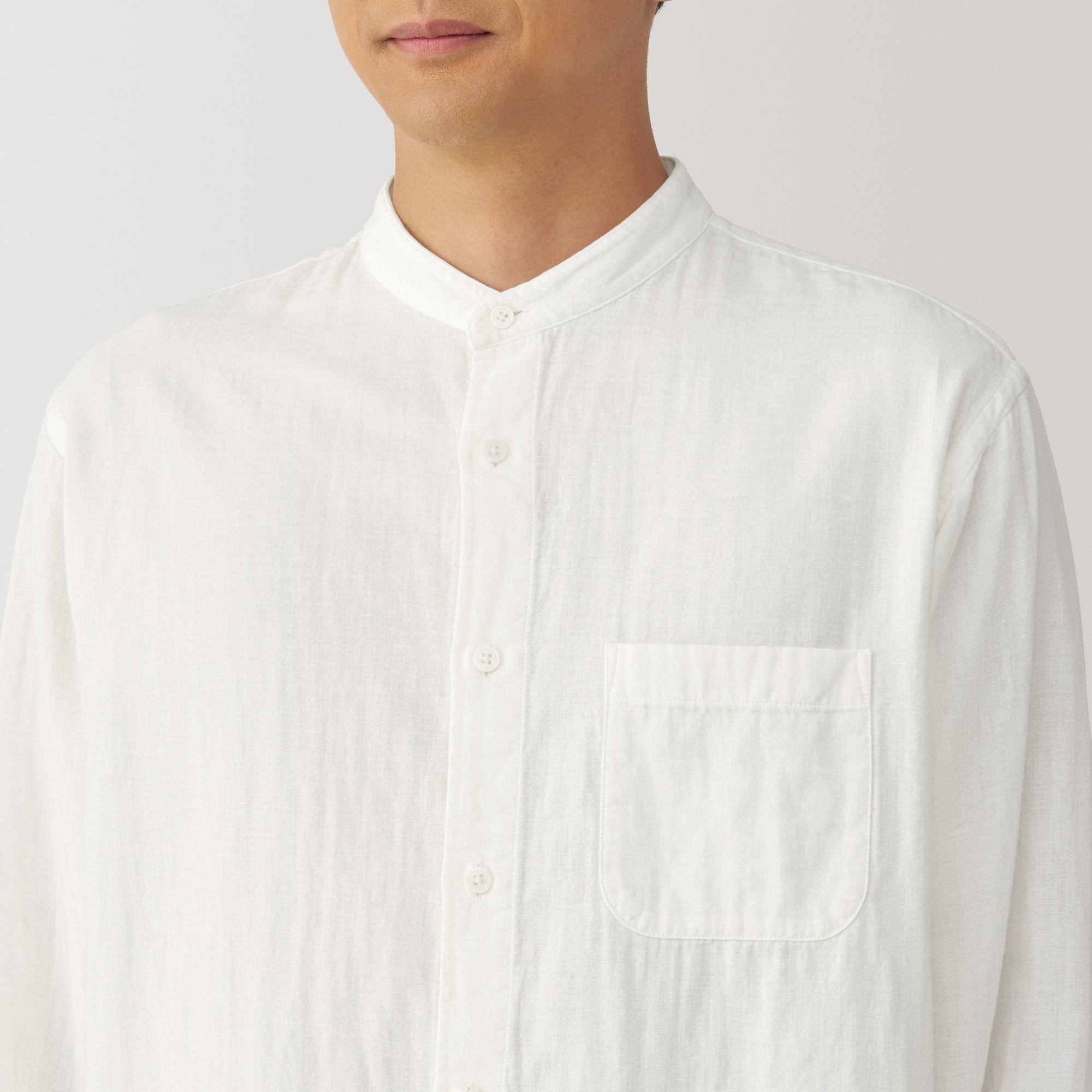 Men's Kapok Blend Double Gauze Stand Collar Long Sleeve Striped Shirt