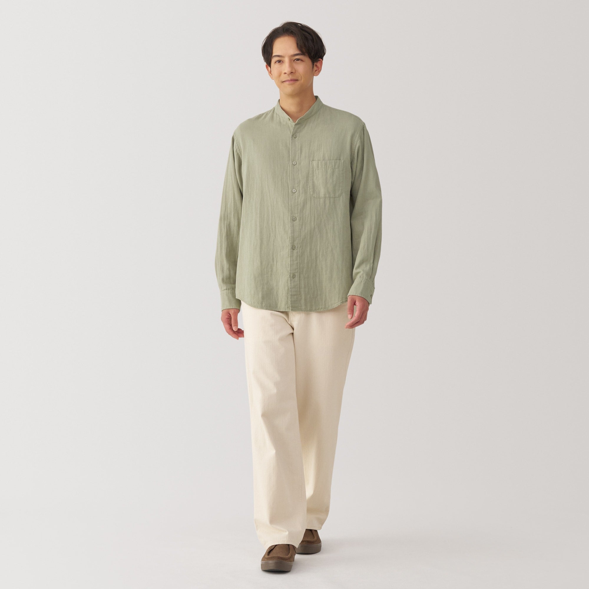 Men's Kapok Blend Double Gauze Stand Collar Long Sleeve Striped Shirt