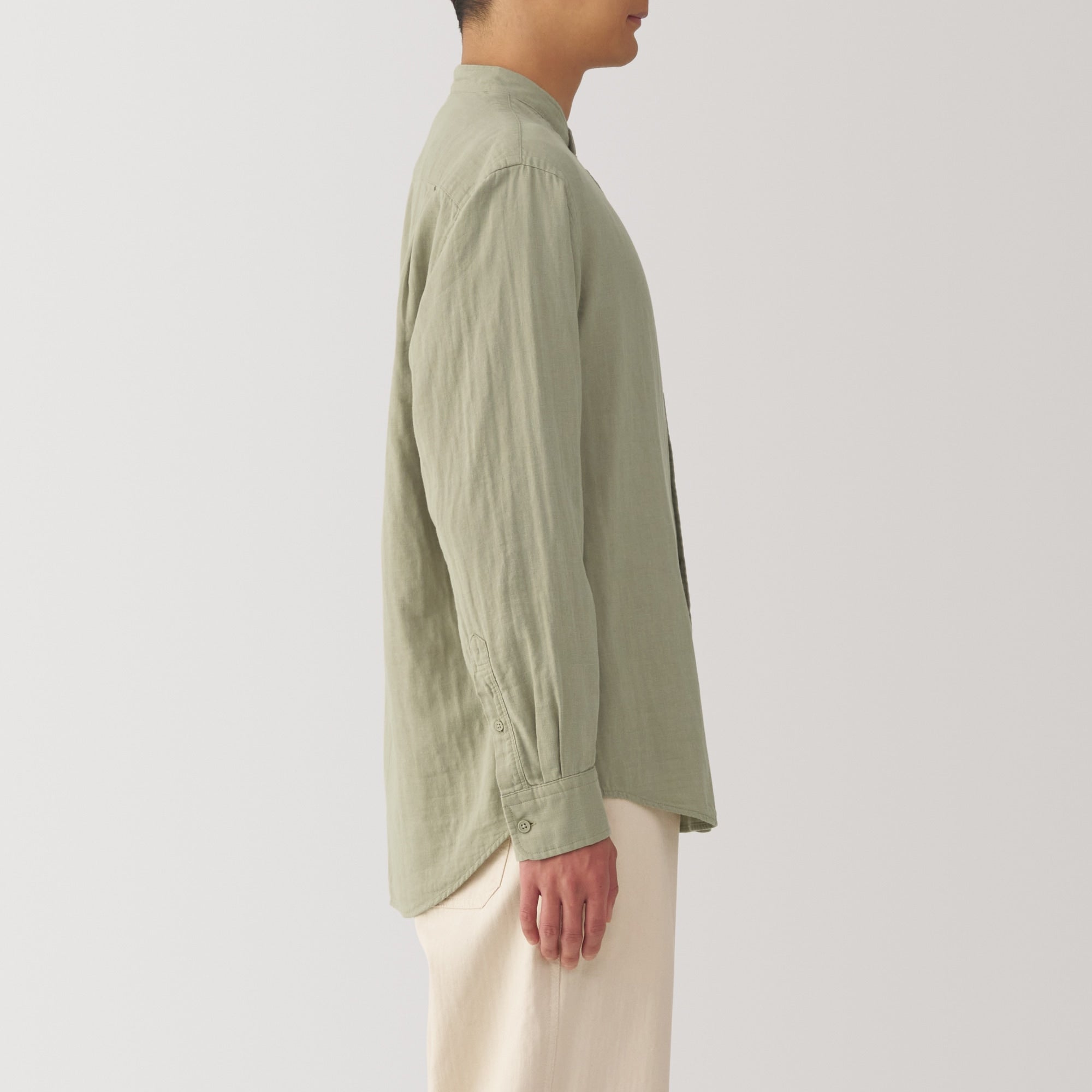 Men's Kapok Blend Double Gauze Stand Collar Long Sleeve Striped Shirt