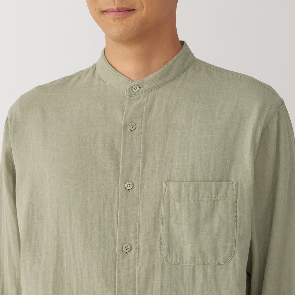Men's Kapok Blend Double Gauze Stand Collar Long Sleeve Striped Shirt