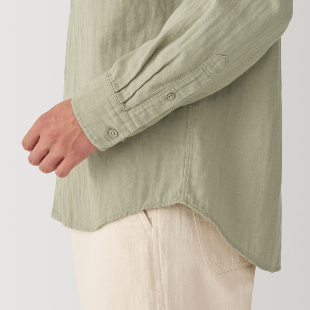 Men's Kapok Blend Double Gauze Stand Collar Long Sleeve Striped Shirt