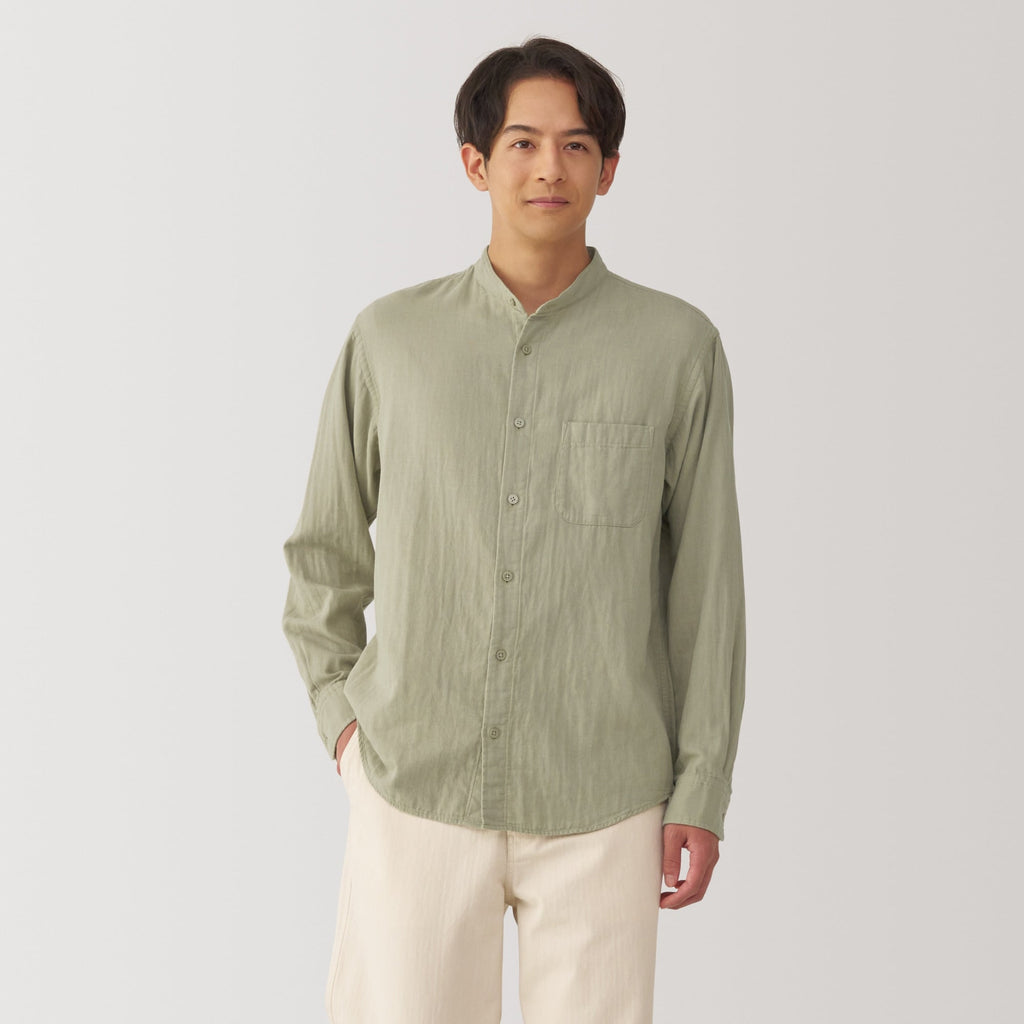 Men's Kapok Blend Double Gauze Stand Collar Long Sleeve Striped Shirt