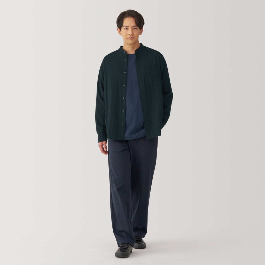 Men's Kapok Blend Double Gauze Stand Collar Long Sleeve Striped Shirt