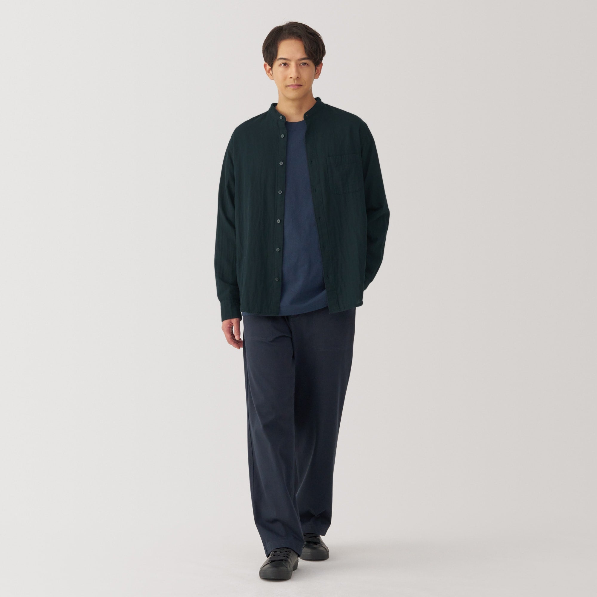 Men's Kapok Blend Double Gauze Stand Collar Long Sleeve Striped Shirt