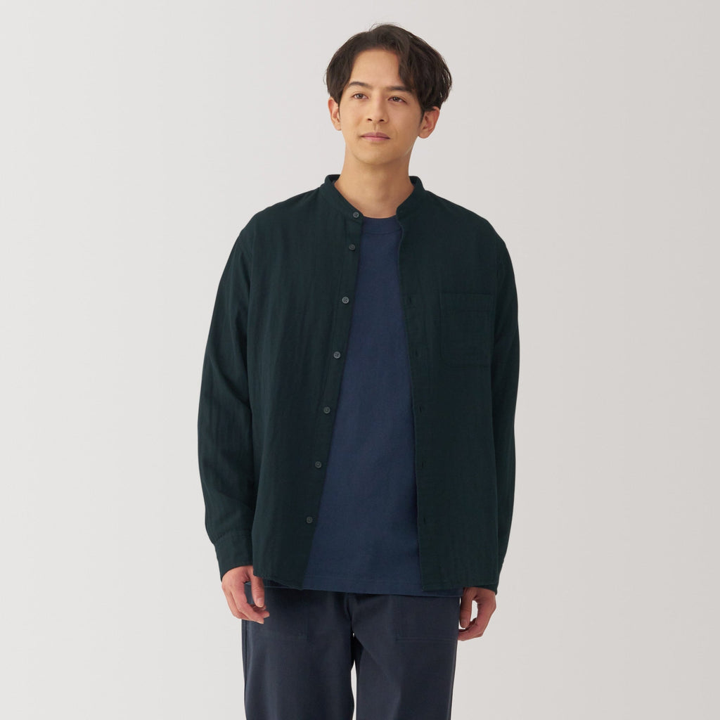 Men's Kapok Blend Double Gauze Stand Collar Long Sleeve Striped Shirt