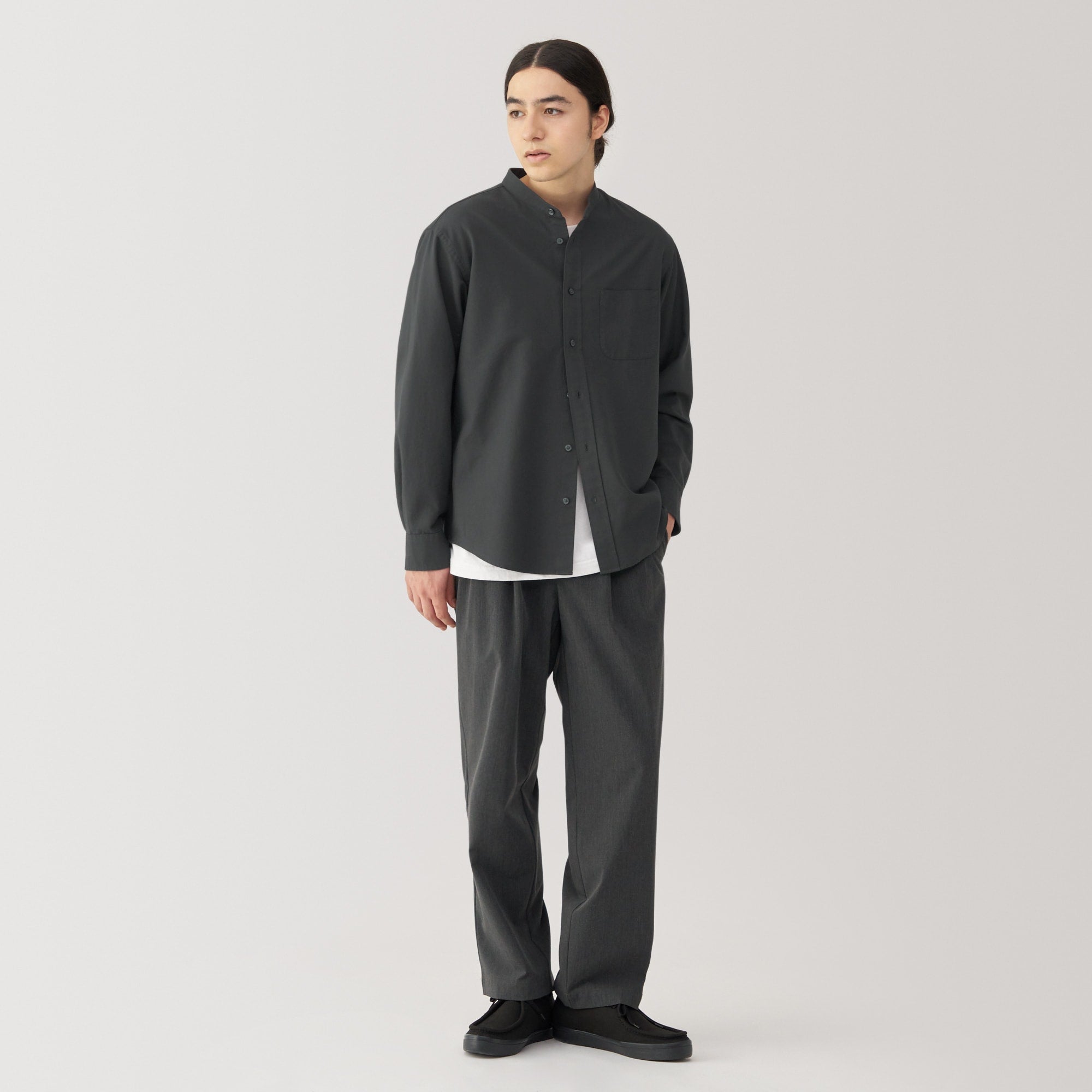 Men's Washed Oxford Stand Collar Long Sleeve Shirt