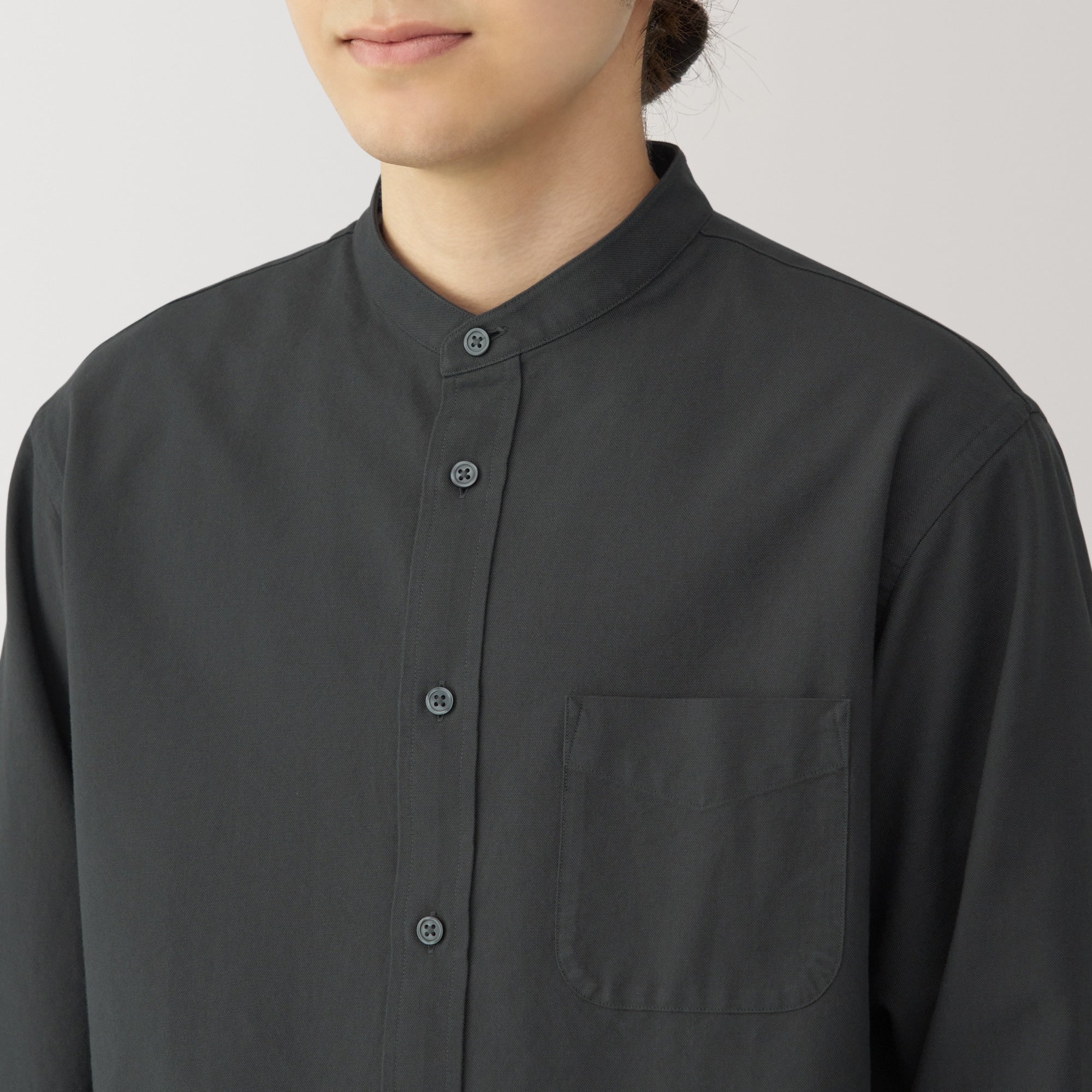 Men's Washed Oxford Stand Collar Long Sleeve Shirt