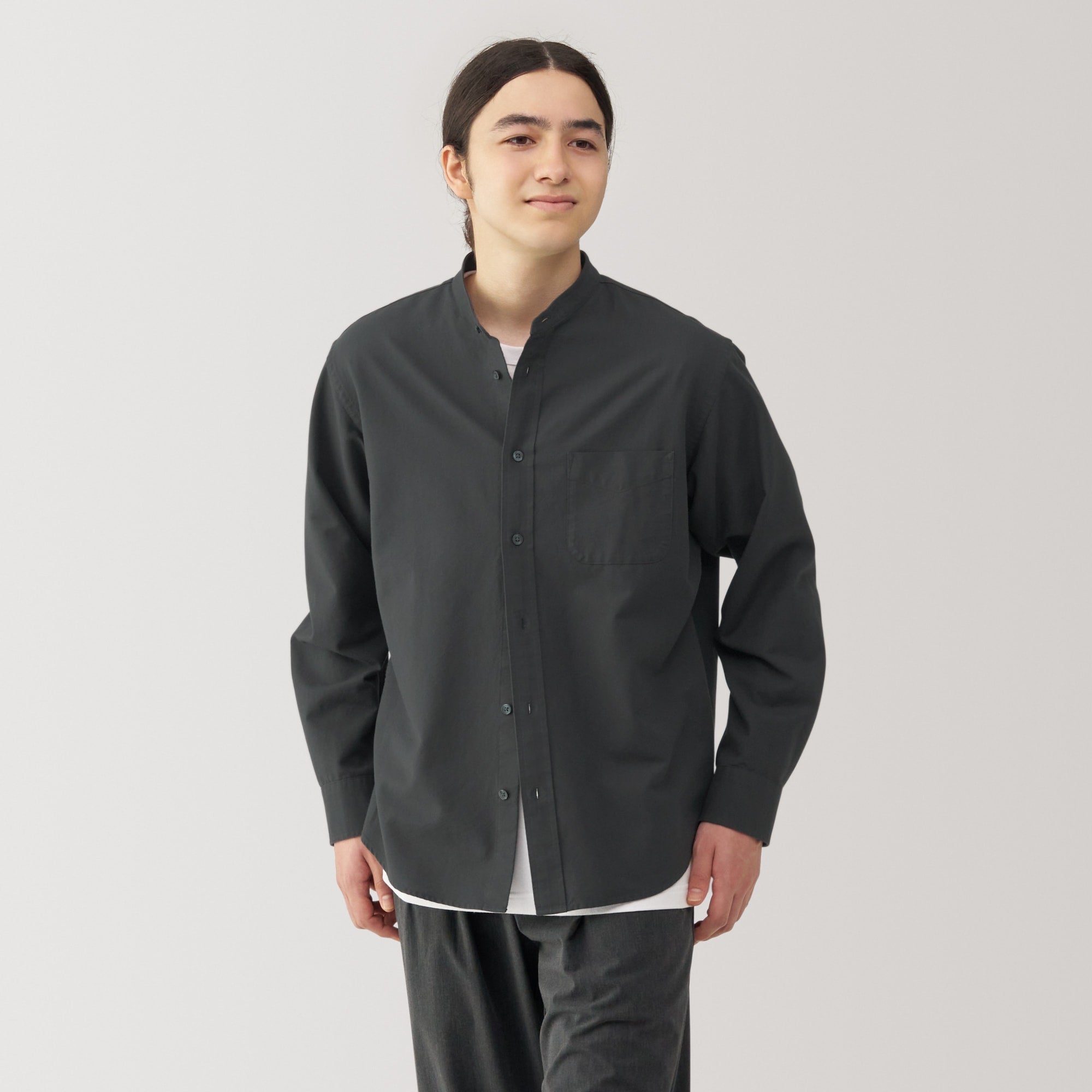 Men's Washed Oxford Stand Collar Long Sleeve Shirt