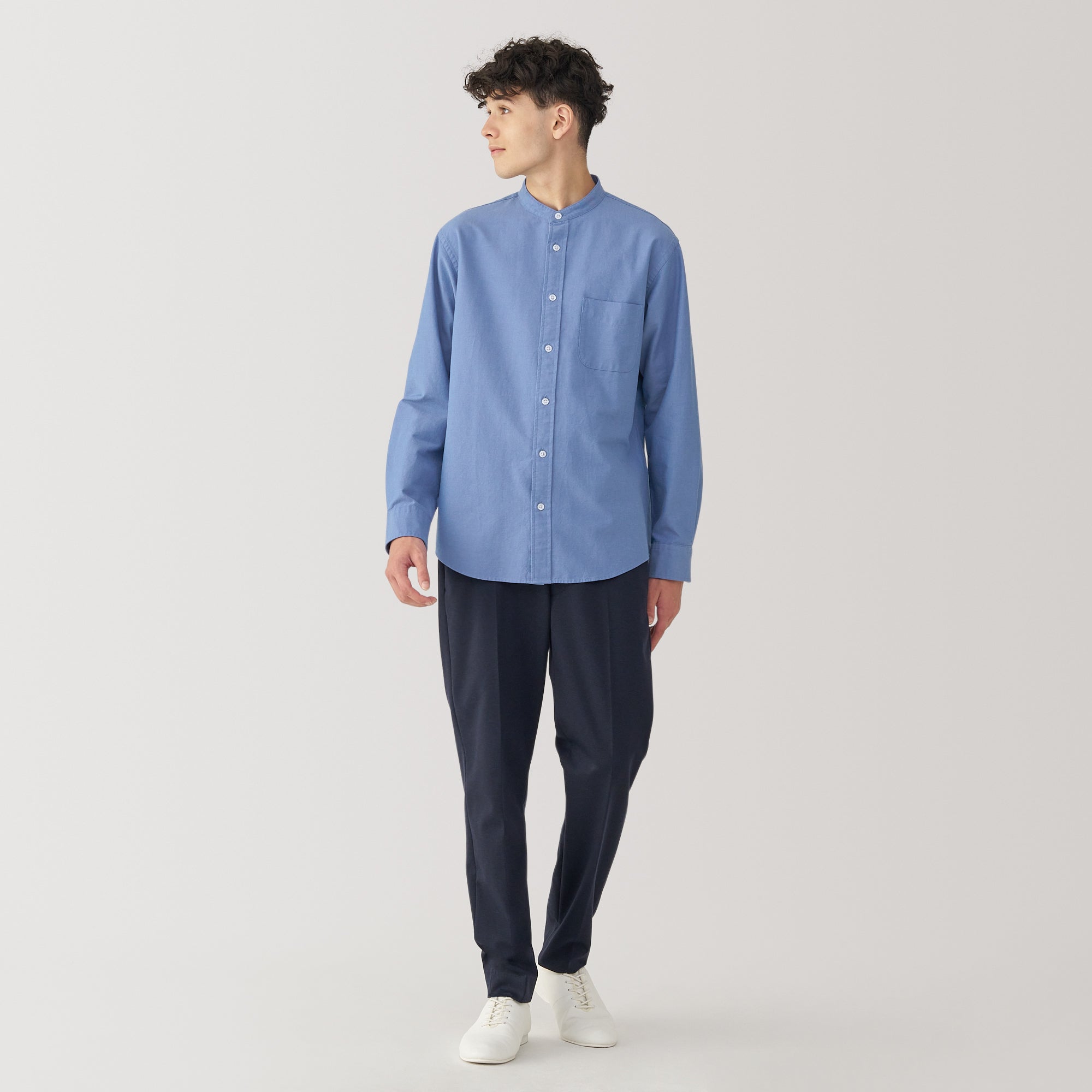 Men's Washed Oxford Stand Collar Long Sleeve Shirt