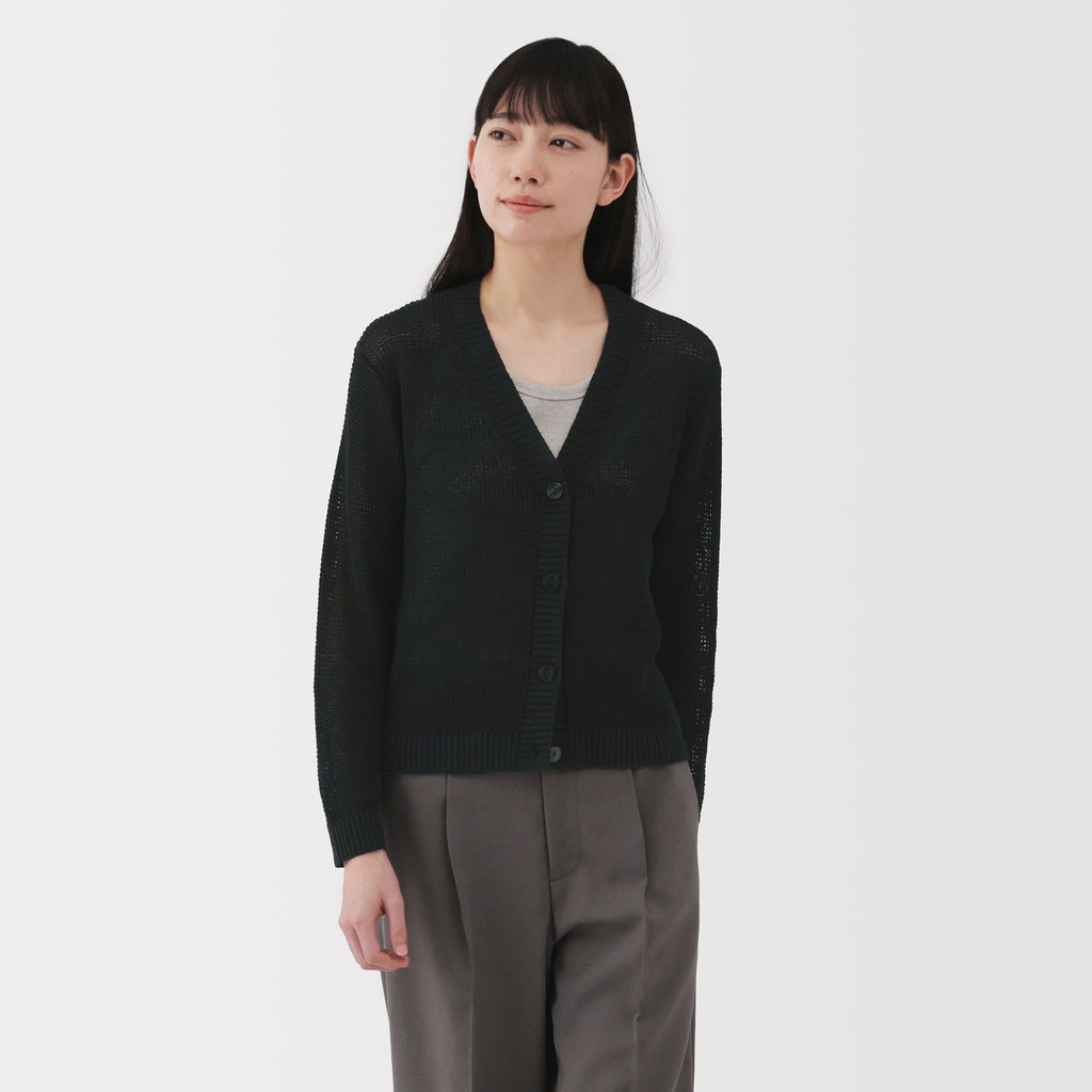 Women's Linen Blend Mesh V Neck Cardigan
