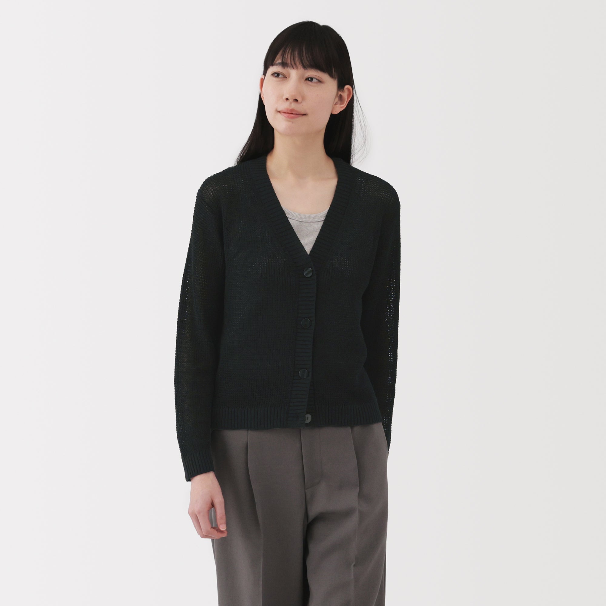 Women's Linen Blend Mesh V Neck Cardigan