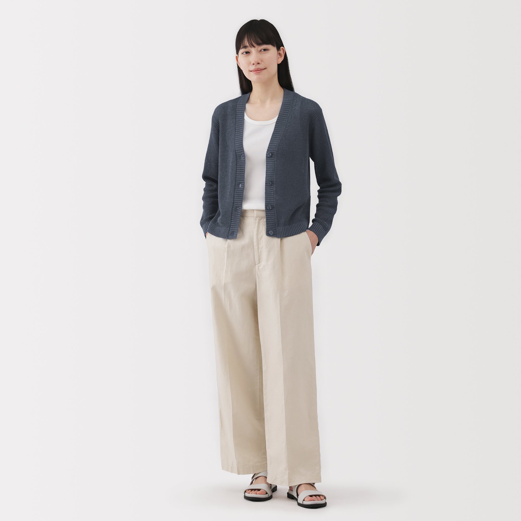 Women's Linen Blend Mesh V Neck Cardigan