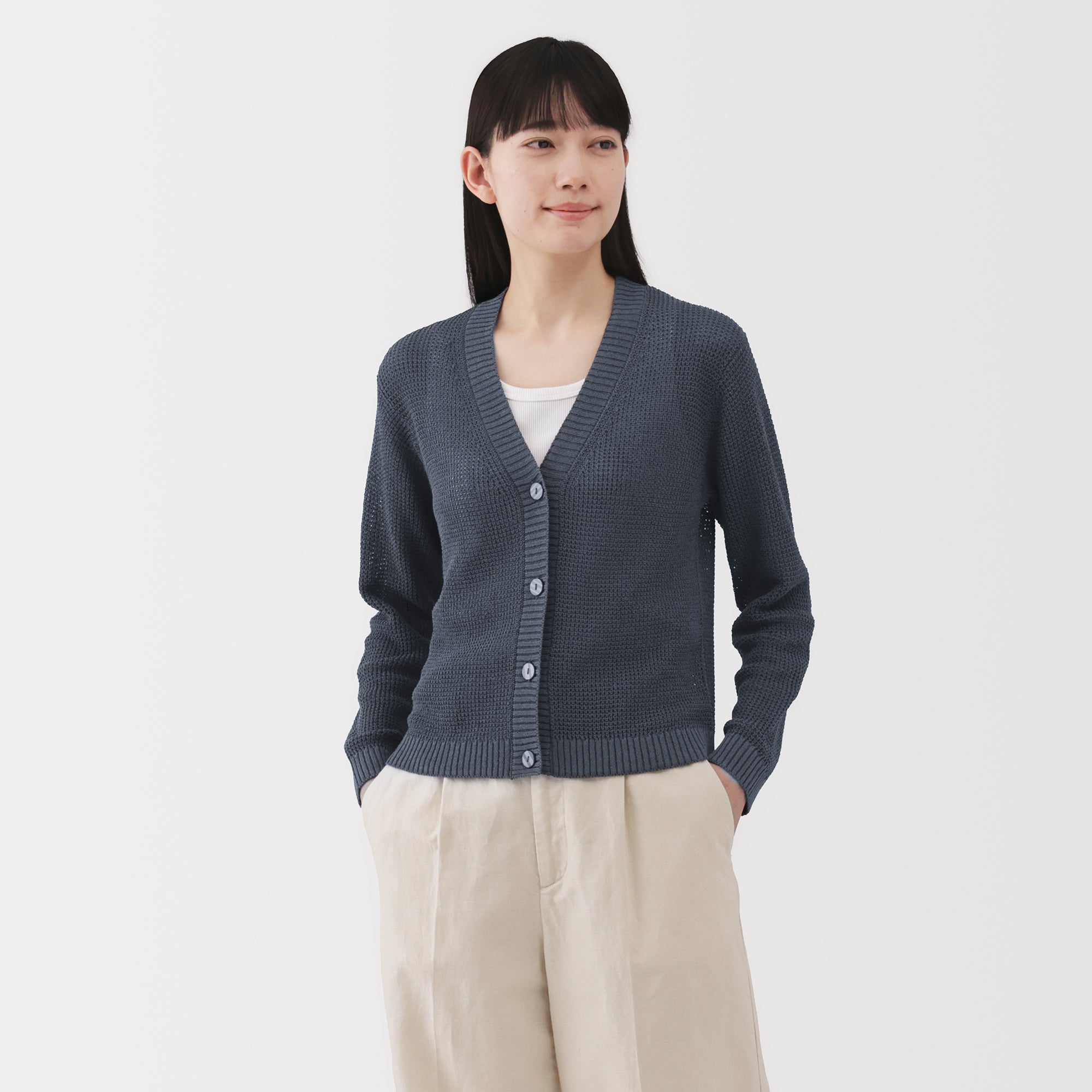 Women's Linen Blend Mesh V Neck Cardigan