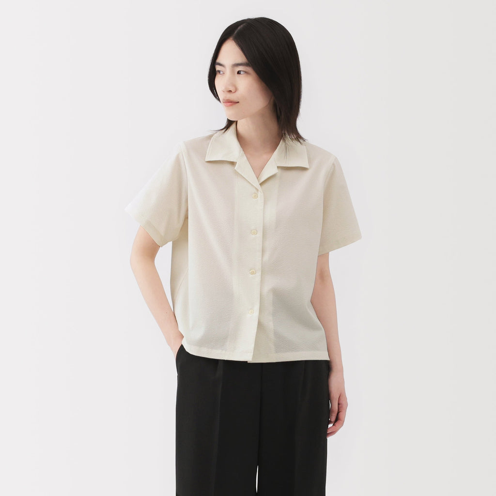 Women's Breathable Seersucker Open Collar Shirt