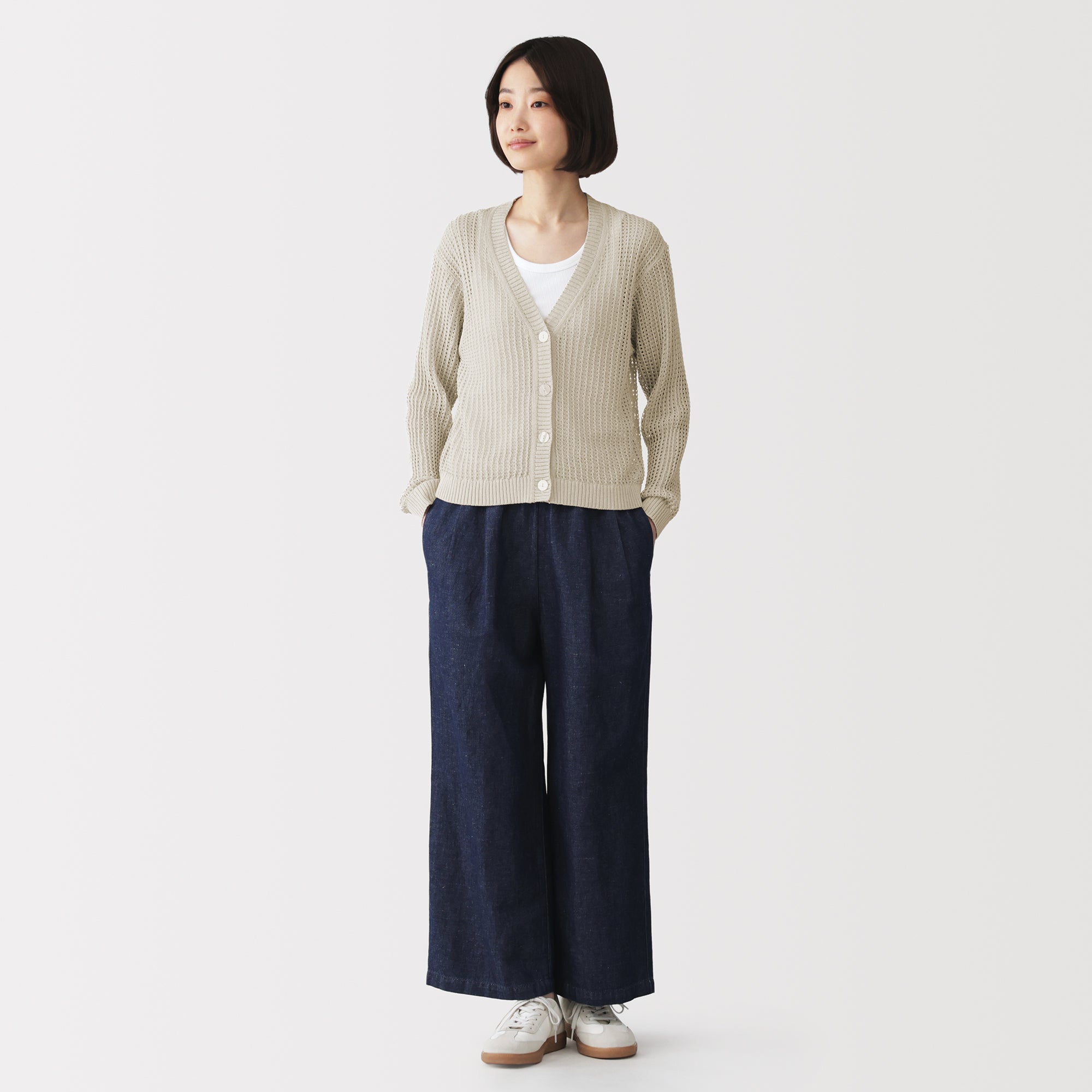 Linen Blend Mesh V-Neck Cardigan