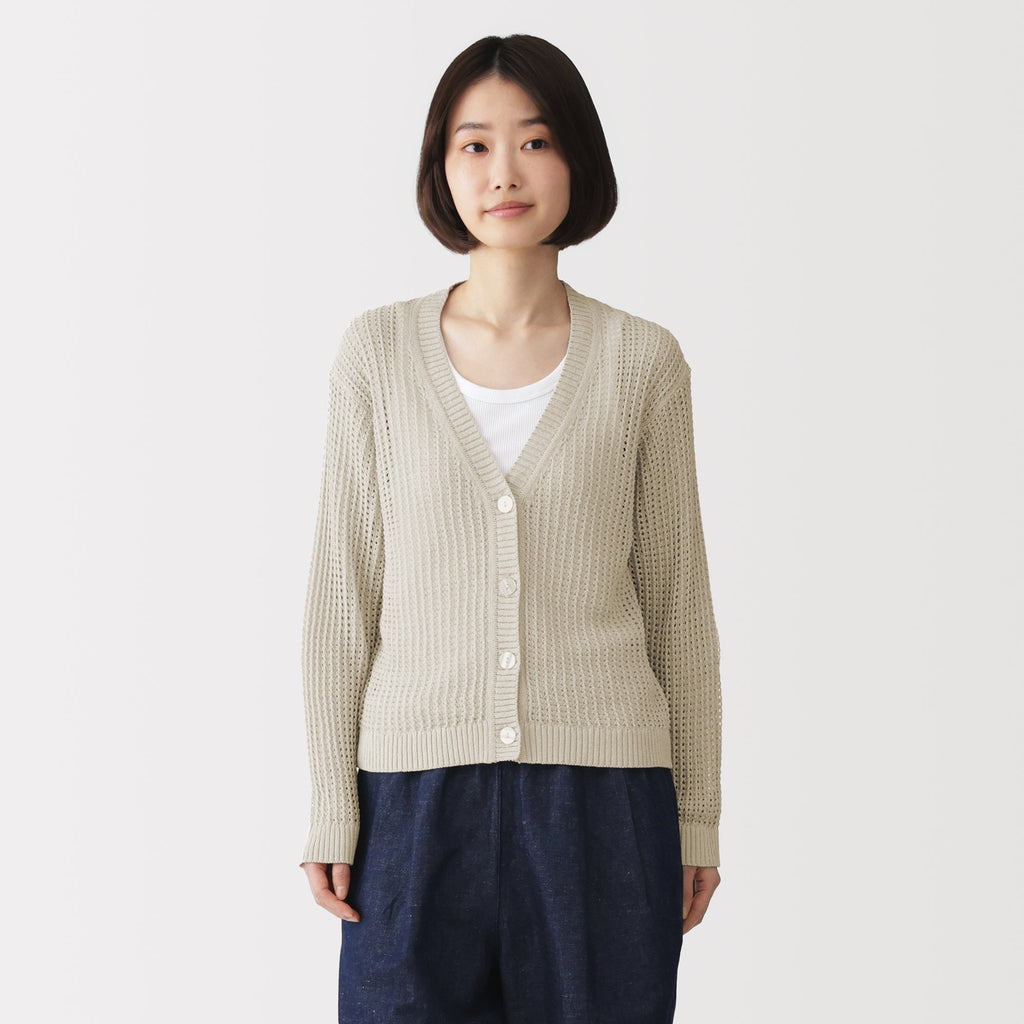 Linen Blend Mesh V-Neck Cardigan