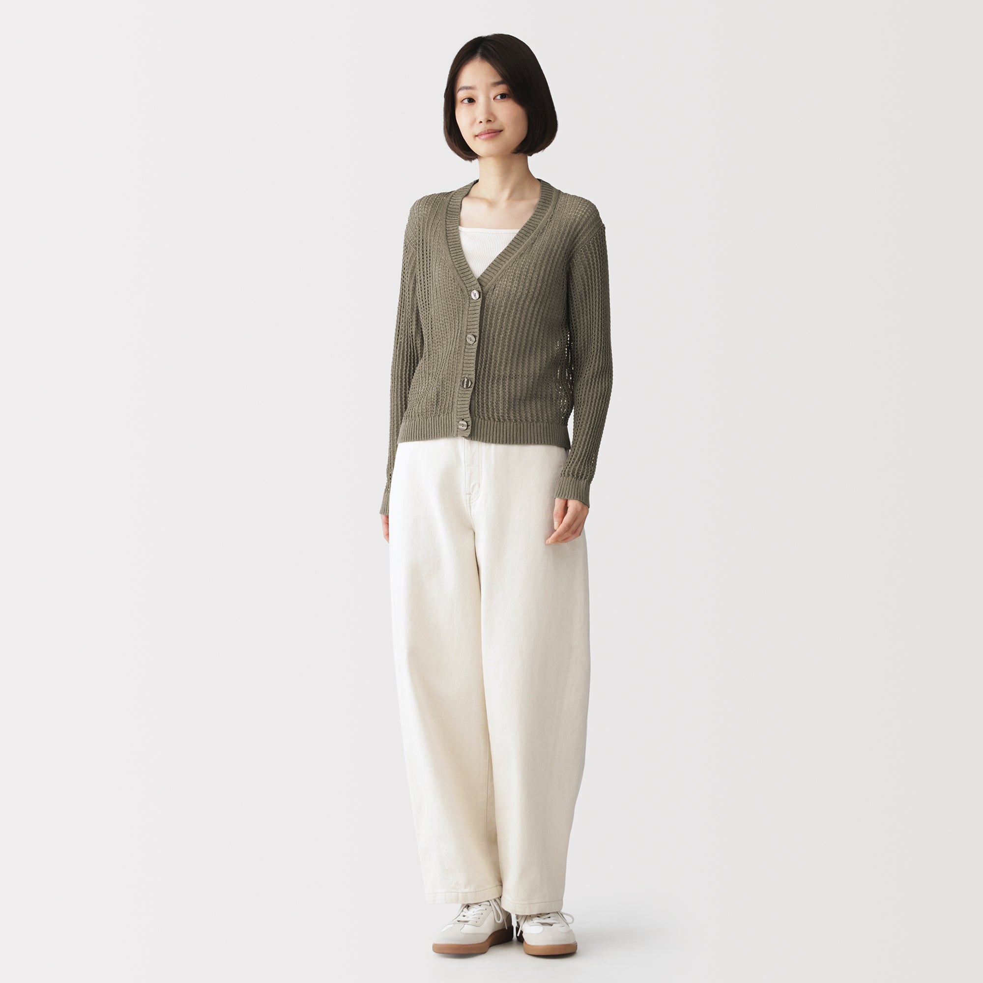 Linen Blend Mesh V-Neck Cardigan