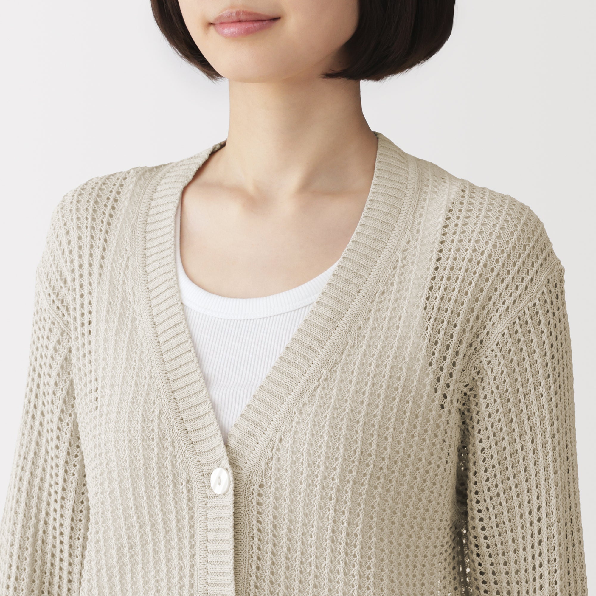 Linen Blend Mesh V-Neck Cardigan