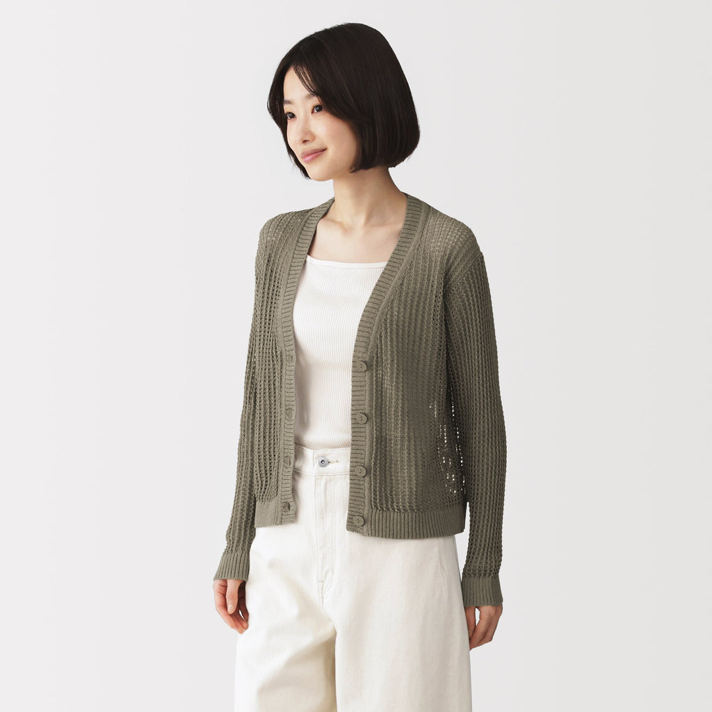 Linen Blend Mesh V-Neck Cardigan