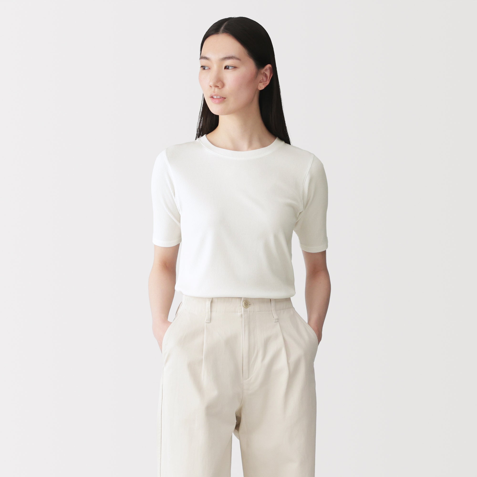 Lyocell Blend Rib Half Sleeve T-Shirt