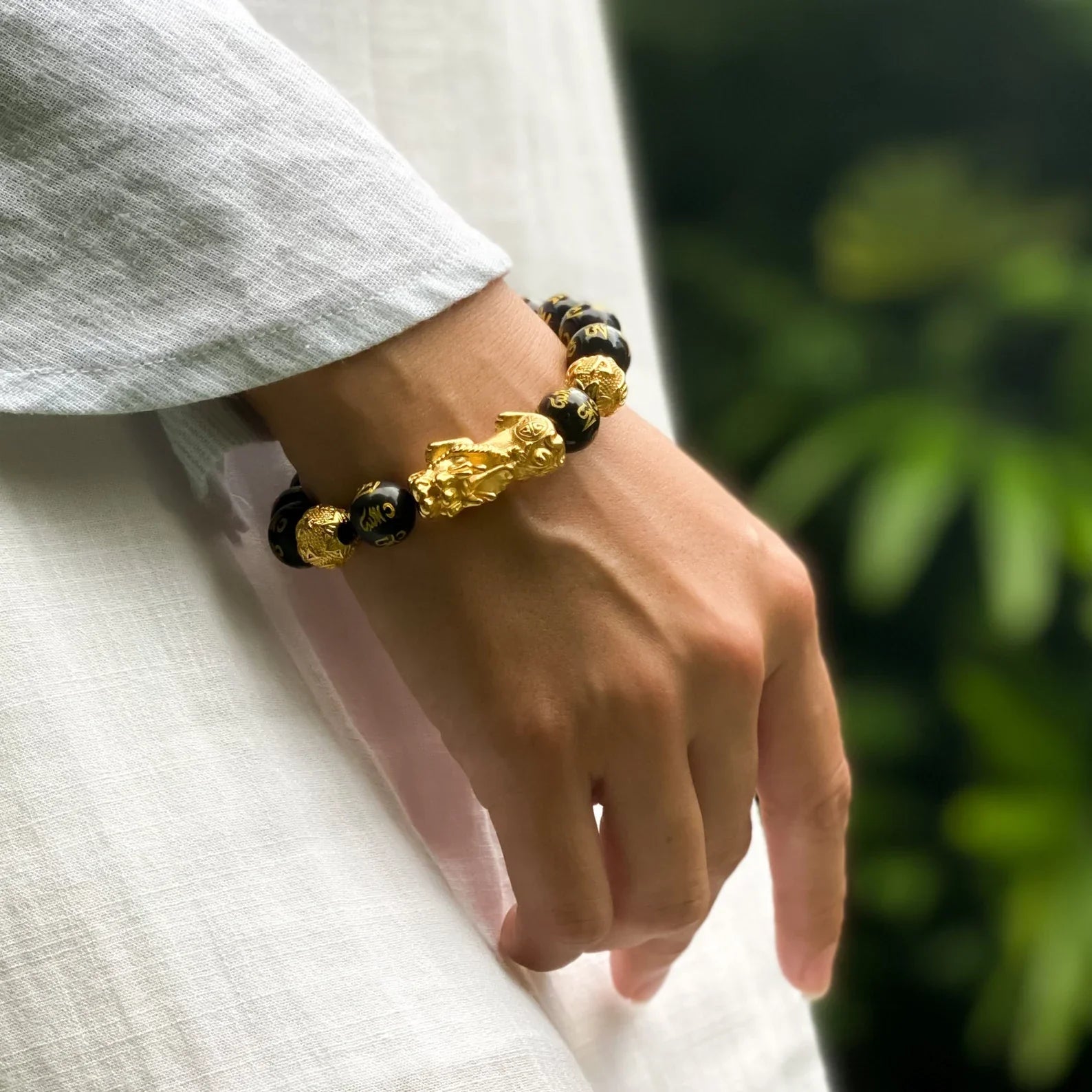 Natural Obsidian Pixiu Wealth & Luck Engraved Bracelet