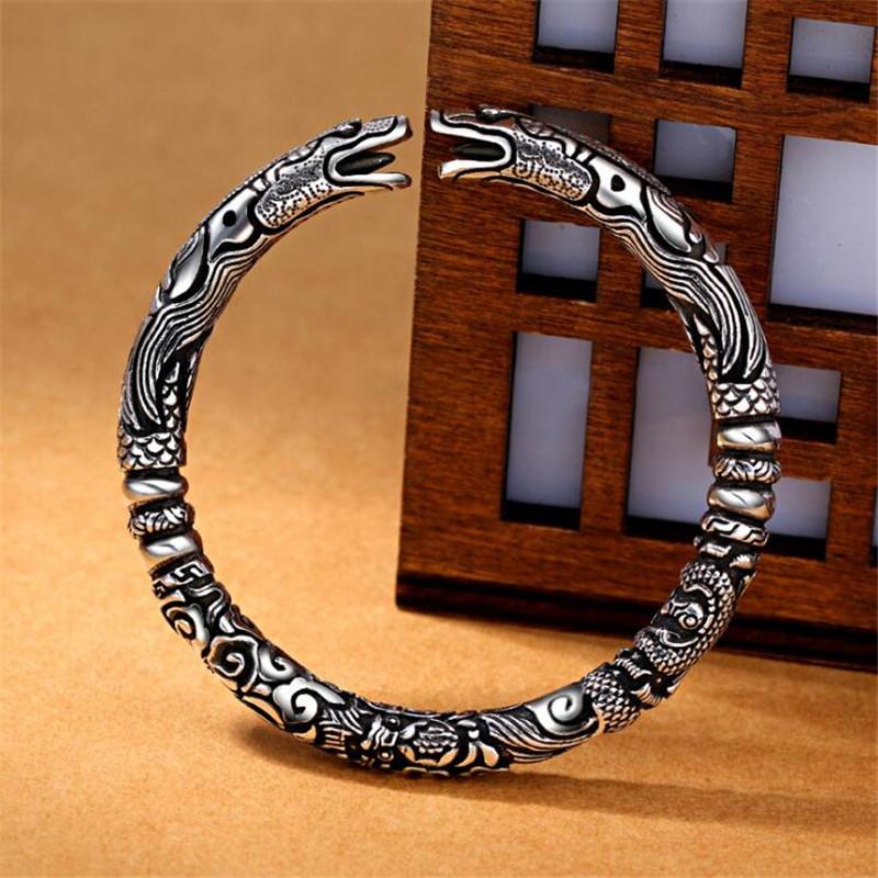 Double Dragon Head Bangle in Thai Silver - Fusion of Strength and Prosperity