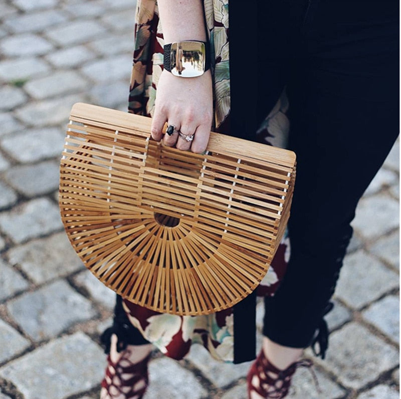 Elegant Bamboo Moon Basket Bag - 5 Colors