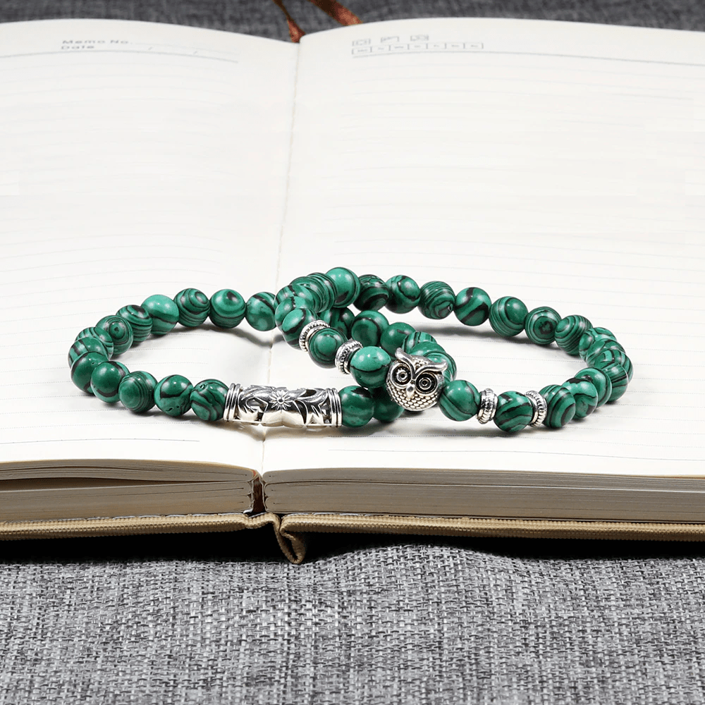Malachite Peaceful Energy With Owl Charm Lucky Bracelet